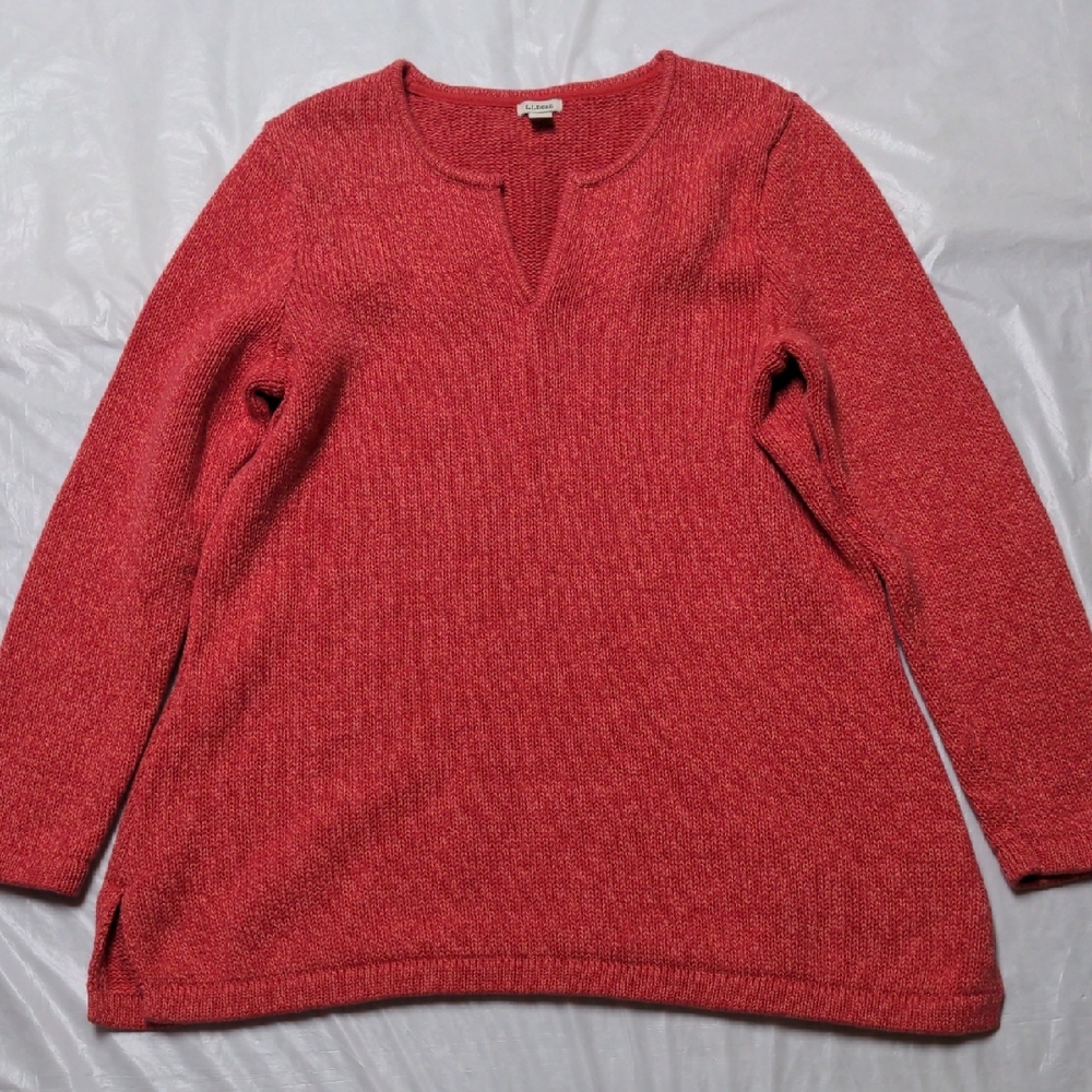 LL Bean Split Neck 100% Cotton Red V Neck Tunic Sweater Style # 275369